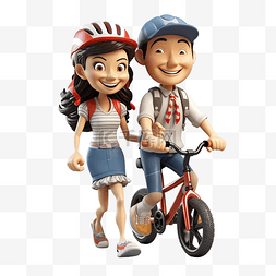情侣骑自行车插画图片_情侣与自行车一起散步 3D 人物插