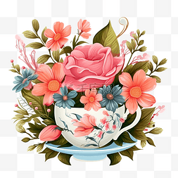 杯子与鲜花和花卉元素
