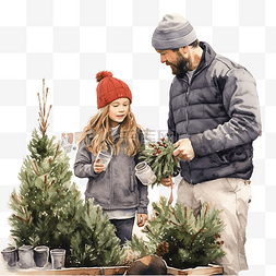 父亲和女儿图片_父亲和女儿在市场上选择一棵圣诞