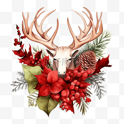 圣诞组合物鹿角红色一品红和叶子