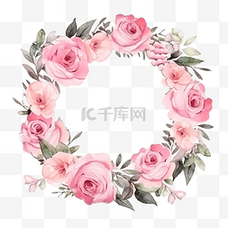 玫瑰花花圈图片_水彩粉色玫瑰花花束花圈框架