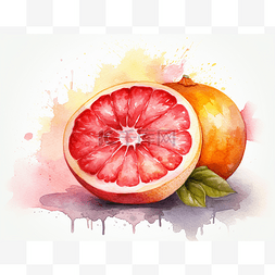 水彩手绘葡萄柚隔离在白色纹理上