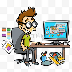 软件剪贴画卡通人坐在他的电脑桌