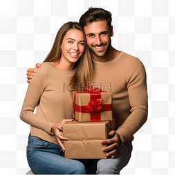 女人的礼物图片_年轻夫妇用木墙上隔离的一堆沉重