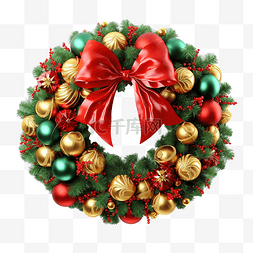 红色蝴蝶结和金色球装饰的圣诞绿