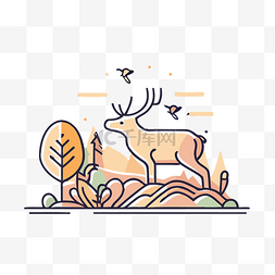树林里的鹿图片_树林里的鹿鸟和木头的简单插图 