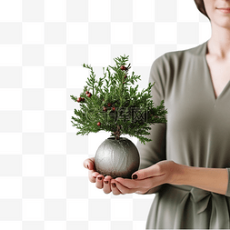 女性装饰小素材图片_女手握着树枝装饰旁边的小圣诞树