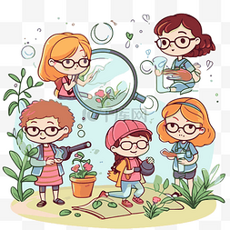 活动剪贴画戴眼镜的儿童和植物卡
