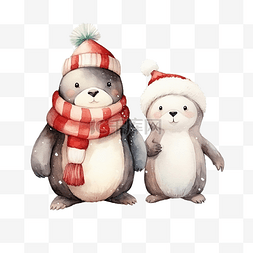 可爱的熊和企鹅圣诞节与水彩插图
