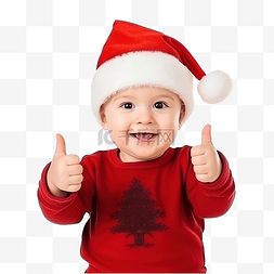 一个戴着红色圣诞帽的小孩用双手