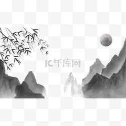 中式风景插画图片_中式水墨风背景竹叶