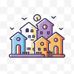 房屋和鸟类的彩色矢量插图