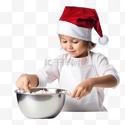 厨房照片图片_一个戴着圣诞帽的孩子正在做饭