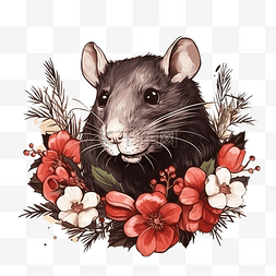冬天搞笑卡通图片_手绘老鼠肖像与圣诞花矢量