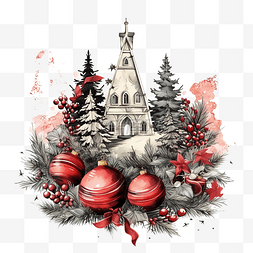 圣诞快乐素描风格构图与装饰品