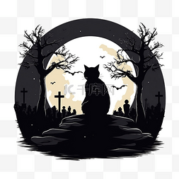 静坐等待课题图片_万圣节猫黑与满月在墓地夜景