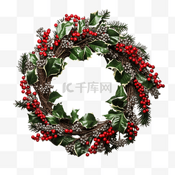 圣诞装饰花环图片_木质表面有槲寄生叶子的圣诞装饰