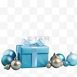 圣诞装饰礼盒图片_蓝色礼盒，蓝色桌子上有圣诞球