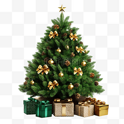 绿金图片_常青杉树和圣诞装饰品，带隔离礼