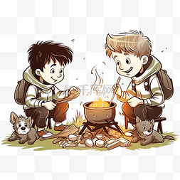 卡通假期旅游图片_小童子军和一只小狗在森林营地友