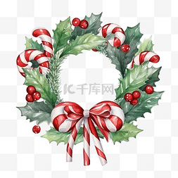 圣诞冬青花环与棒棒糖水彩插图