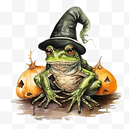 魔法巫师帽图片_万圣节帽子与青蛙和蜘蛛水彩插图