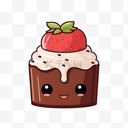 奶油咖啡店图片_蛋糕配巧克力糖霜和草莓卡哇伊纸