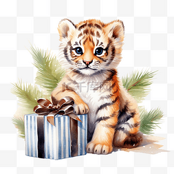 坐着老虎图片_一只可爱的小虎崽坐在圣诞树附近