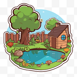 卡通池塘矢量图图片_卡通房子，花园里有一个池塘和一