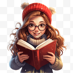 读书看书图片_庆祝圣诞假期的女孩拿着一本书，