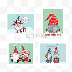 冬季下雪插画图片_圣诞侏儒邮票组合下雪