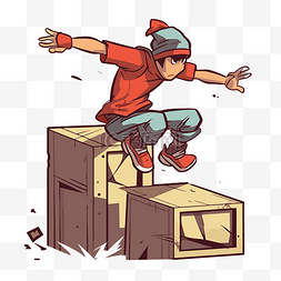 一个孩子跳下盒子卡通的跑酷剪贴