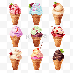 大套件冰淇淋不同类型的锥形华夫