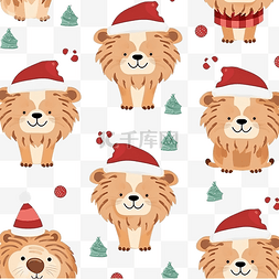 圣诞节无缝模式图片_戴着圣诞老人帽子和围巾的可爱狮
