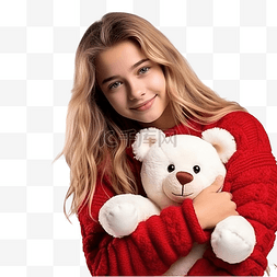 少女礼物盒图片_少女引用红色毛衣拥抱白色泰迪熊