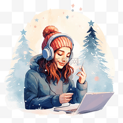 带笔记本电脑在圣诞树附近听音乐