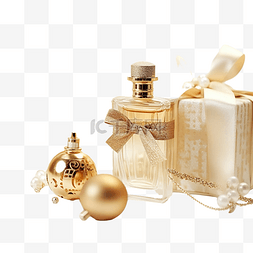 金色禮盒裝飾图片_桌上摆着圣诞礼物的金色香水瓶