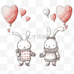 情人节手绘涂鸦图片_几只兔子爱上了心和爪子里的气球