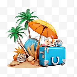 夏季折扣图片_夏季旅行与手提箱沙堡岛伞椰子棕