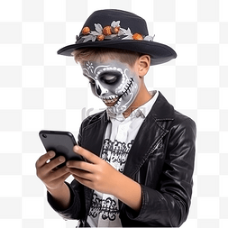男孩男孩脸部图片_在万圣节派对上使用手机进行脸部