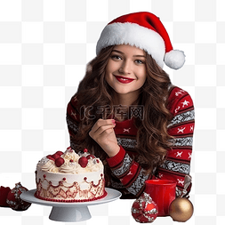 蛋糕和人图片_一个戴着圣诞老人帽子的女孩，旁
