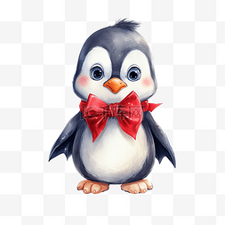 带蝴蝶结的女孩图片_圣诞冬季可爱的企鹅画，带红色蝴