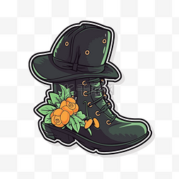 卡通橙色叶子图片_绿色靴子和橙色叶子贴纸矢量图剪
