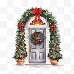 卡通圣诞节装饰图片_圣诞节装饰的家前门圣诞树在屋门