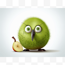 绿色的奇异鸟嘴里叼着苹果站着
