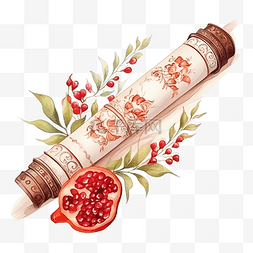 蜂蜜水彩图片_托拉卷轴与犹太新年符号和红石榴