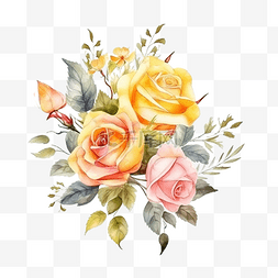 粉色玫瑰水彩图片_黄色和粉色玫瑰水彩花角花束带叶