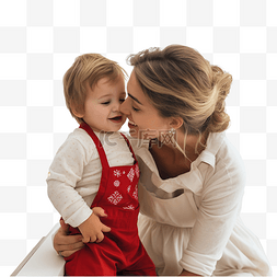 孩子们和妈妈图片_妈妈在家里的圣诞厨房里亲吻她的