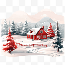 有雪圣诞树图片_冬季场景，雪山上有红房子树和圣