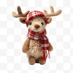 毛茸茸的圣诞角鹿玩具，戴着红帽